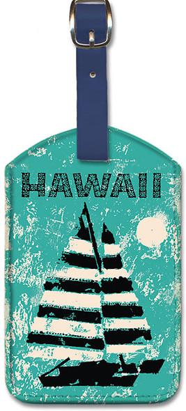 Hawaii - Sailboat Sunset - Vintage Travel - Leatherette Luggage Tag