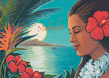 Aloha Moonrise by Kerne Erickson - Hawaiian Mahalo / Thank You Greeting Card