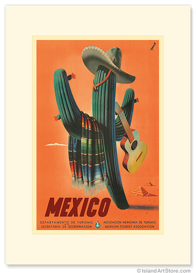 Mexico: Mariachi Cactus - Vintage Travel Poster - Premium Vintage Collectible Greeting Card