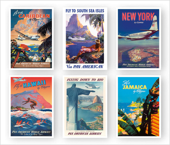 Vintage Airline Travel Poster Prints - Set of 6 Unframed 5"x7" Prints