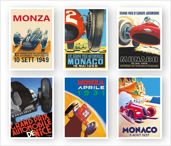 Vintage F1 Car Racing Poster Prints - Set of 6 Unframed 5"x7" Prints