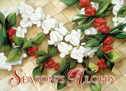 Maile & Crown Flower Holiday Leis by Garry Palm - Holiday Greeting Card