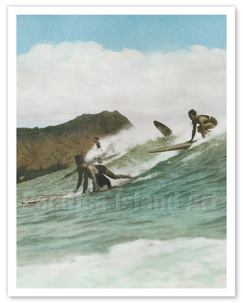 Surf Riding at Waikiki Beach, Honolulu, Hawaii - c. 1925 - Vintage Hawaiian Hand-Colored Postcard