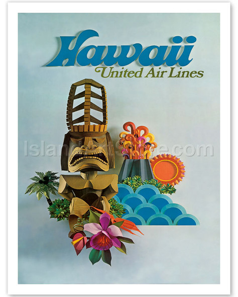 Hawaii - United Air Lines - Tiki & Volcano - Vintage Travel Poster