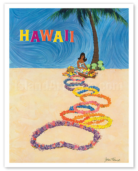 Hawaii - Native Hawaiian Girl Making Leis - c. 1970's - Poster by John A. Fernie