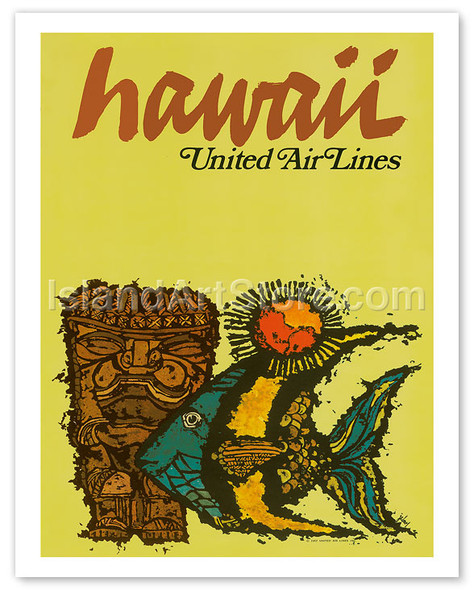 United Airlines Hawaii, Fish & Tiki - Vintage Hawaiian Airline Travel Poster