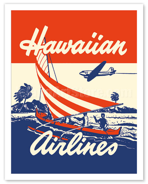 Hawaiian Airlines - Hawaiians in Outrigger Canoe (Wa'a) - c. 1940's - Vintage Airline Travel Poster
