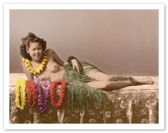 Young Topless Hawaiian Girl - Classic Vintage Hand-Colored Tinted Art - Vintage Photography