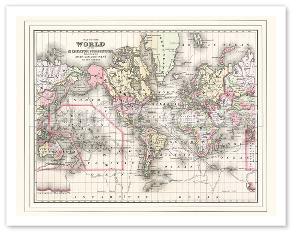 Map of the World - On the Mercator Projection - Exhibiting the American Continent at its Center - Vintage Map