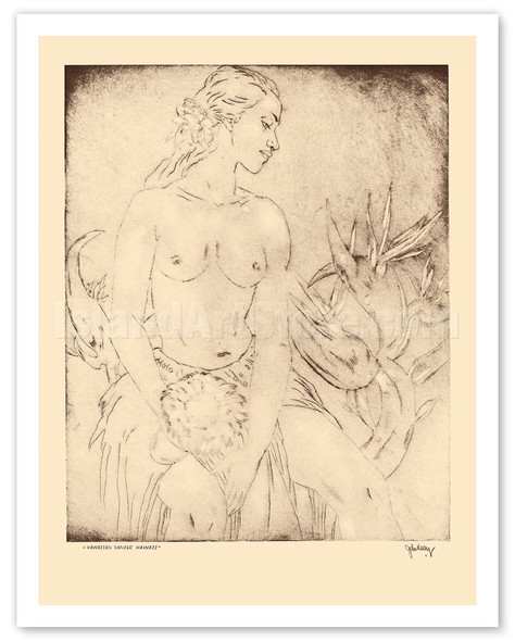 Hawaiian Dancer, Hawaii - Topless Native Girl - from Etchings and Drawings of Hawaiians - c. 1942 - Poster by John Melville Kelly