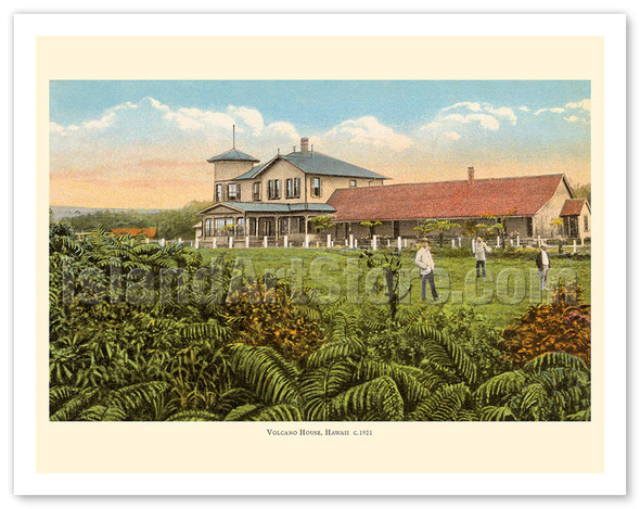Volcano House, Hawaii - Directly Overlooking Crater - Hawaii Volcanoes National Park - c. 1921 - Vintage Hand-colored Photograph
