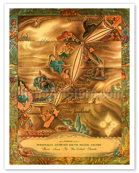 South Pacific Route Map - Hawaii, Samoa, Fiji, Australia, New Zealand - c. 1935 - Poster by Ernest Hamlin Baker