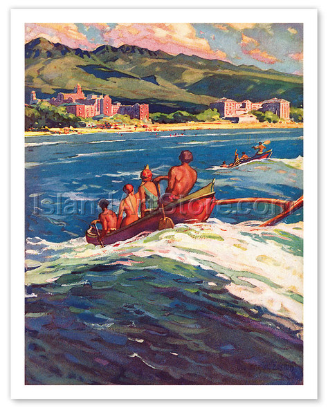 On the Beach at Waikiki, Honolulu, Hawaii - Royal Hawaiian and Moana Seaside Hotels - Poster by Donald Masefield Easton