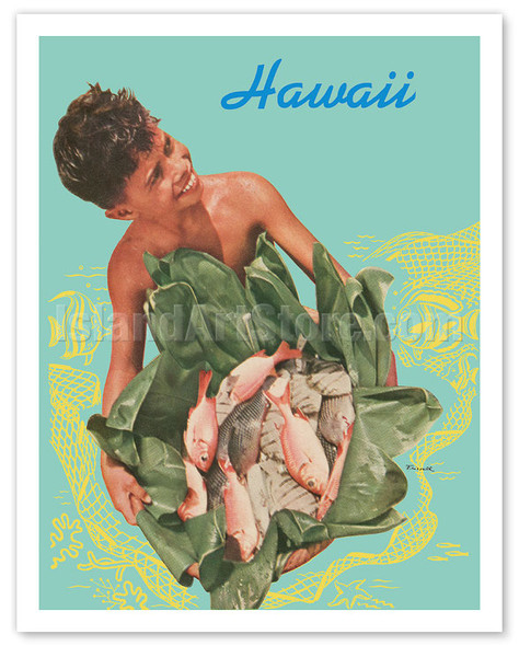 Hawaii - Hawaiian Boy with Fish in Ti Leaves c. 1941 - Poster by Toni Frissell