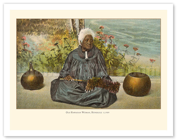 Old Hawaiian Woman (Kupuna) - Honolulu, Oahu, Hawaii - c. 1909 - Vintage Hand-colored Photograph