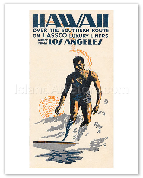 Hawaii direct from Los Angeles - over the Southern Route on LASSCO Luxury Liners (SS City of Honolulu) - Surfer - Vintage Hawaiian Cruise Ship Travel Poster