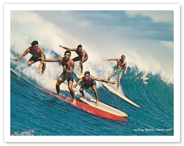 Surfing Waikiki - Honolulu, Hawaii - c. 1955 - Vintage Surfing Photograph