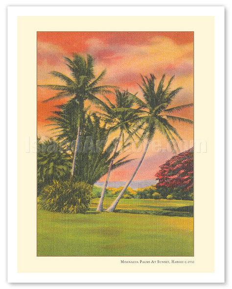 Moanalua Palms at Sunset - Honolulu, Oahu, Hawaii - c. 1930's - Vintage Hand-colored Photograph