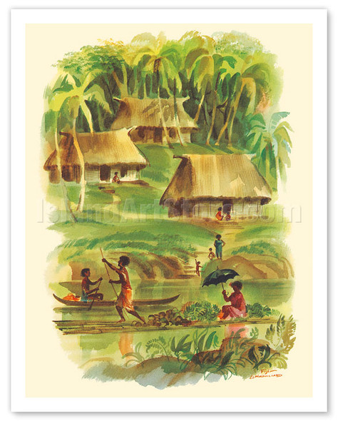 Fiji - Village natives and canoes - c. 1957 - Poster by Louis Macouillard