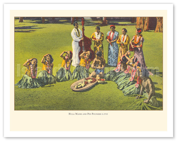 Hawaii Hula Girls and Poi Pounder - c. 1930's - Vintage Hand-colored Photograph