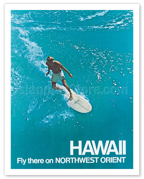 Hawaii - Surfer - Fly there on Northwest Orient Airlines - Vintage Airline Travel Poster