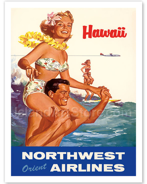 Hawaii - Northwest Orient Airlines - Hawaiian Tandem Surfing - Vintage Hawaiian Travel Poster