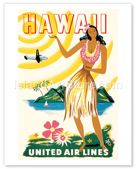 United Air Lines: Hawaii - Only Hours Away - Vintage Hawaiian Airline Travel Poster