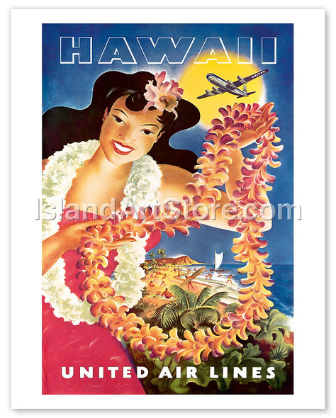 Hawaii, United Air Lines, Hawaiian Girl with Leis - Poster by Joseph Fehér