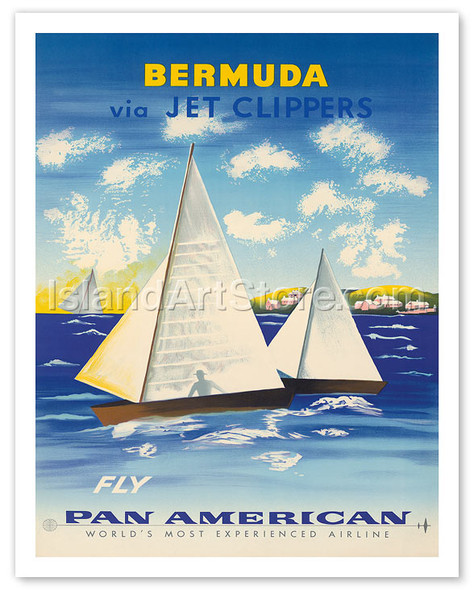 Pan Am, Bermuda Sailboats via Jet Clippers - Poster by David Pollak