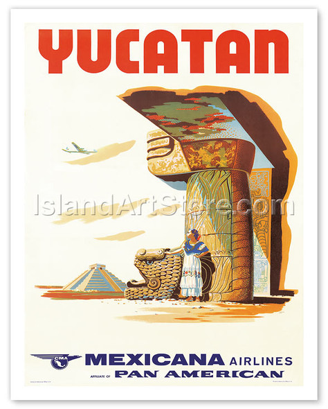 Mexicana Airlines via Pan American: Yucatan - Vintage Airline Travel Poster