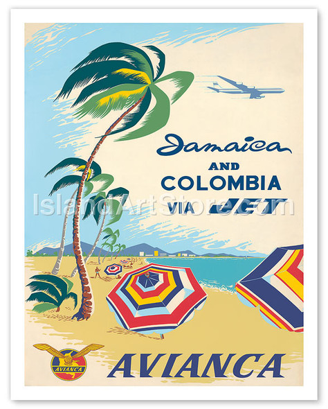 Jamaica & Columbia via Jet Travel Avianca - Vintage Airline Travel Poster