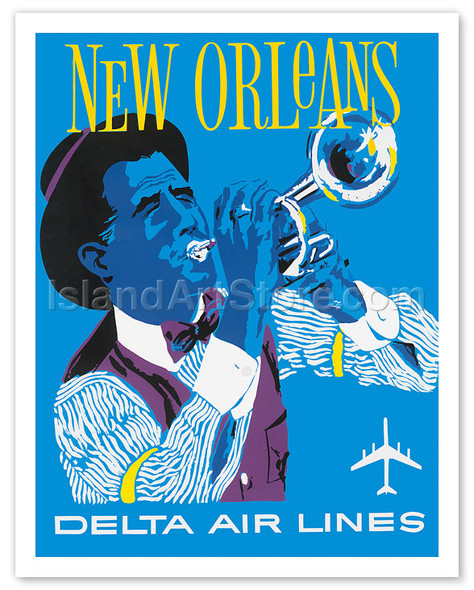 Delta Airlines, New Orleans - Jazz Trumpet Player - Vintage Airline Travel Poster