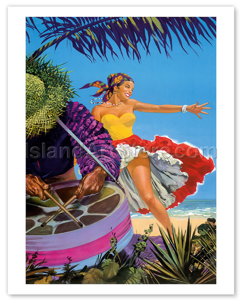 Caribbean - Native Drummer and Dancer - British Overseas Airways Corporation, BOAC - Vintage Airline Travel Poster