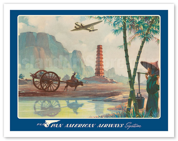 Asia - Wings Over the World - Pan American Airways System - Chinese Pagoda - c. 1930's - Poster by Paul George Lawler