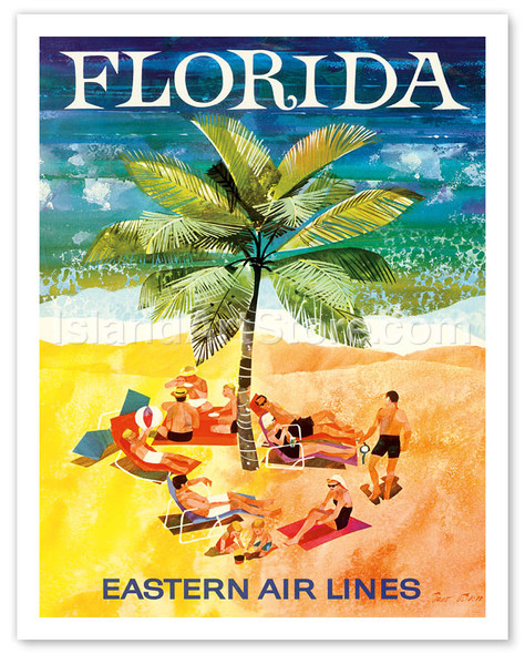 Florida - Eastern Air Lines - Sunbathers around Palm Tree - Poster by Jane Oliver