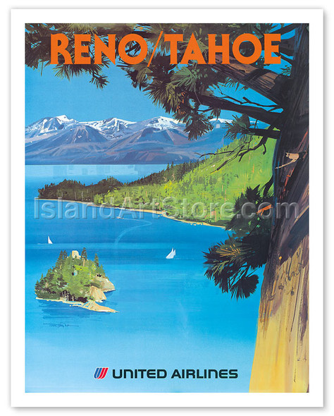 United Airlines Reno/Tahoe - Lake and Mountains - Poster by Tom Hoyne