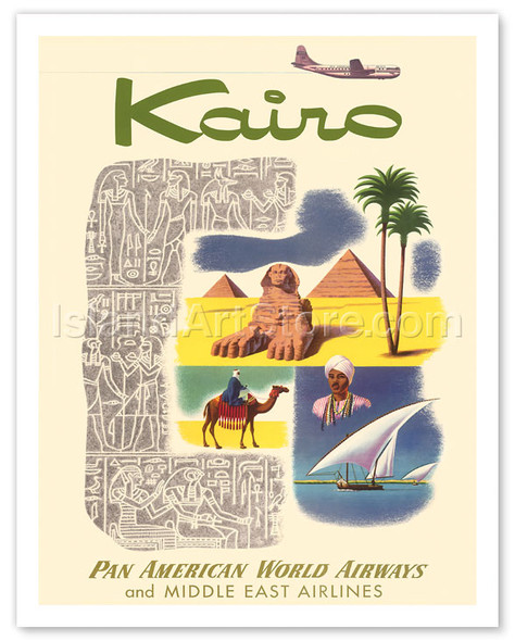 Kairo (Cairo) Egypt - via Beirut with Clipper Planes - Cheops Pyramid - Pan American World Airways - and Middle East Airlines - Vintage Airline Travel Poster