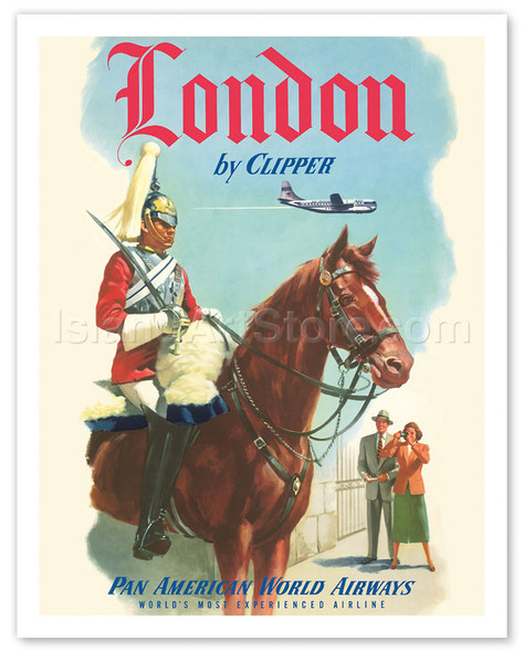 London by Clipper - Queen's Royal Household Cavalry - Pan American World Airways - Vintage Airline Travel Poster