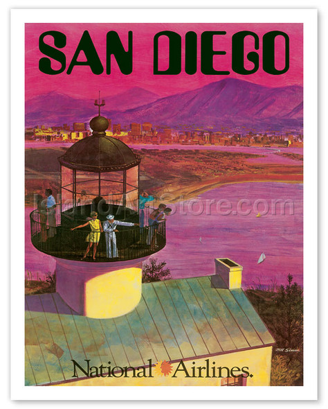 San Diego, USA - Cabrillo Monument Lighthouse - National Airlines - Poster by Bill Simon