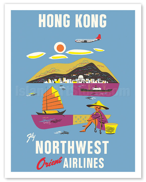 Hong Kong - Fragrant Harbour - Northwest Orient Airlines - Vintage Airline Travel Poster