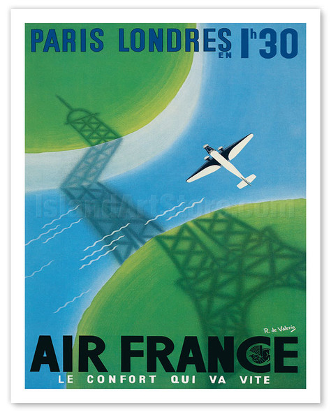 Paris to London (Londres) - In 1 Hour 30 Minutes - Eiffel Tower - c. 1946 - Poster by Roger de Valerio