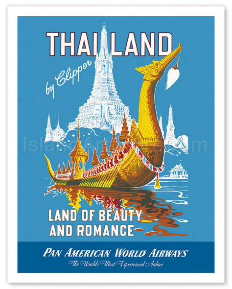 Thailand by Clipper - Land of Beauty and Romance - Royal Barge - Wat Arun - Pan American World Airways - Vintage Airline Travel Poster
