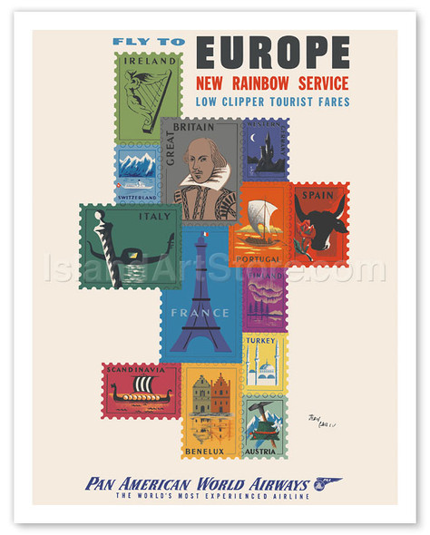 Fly to Europe - New Rainbow Service - Pan American World Airways - Stamps of European Countries - Philately - Poster by Jean Carlu