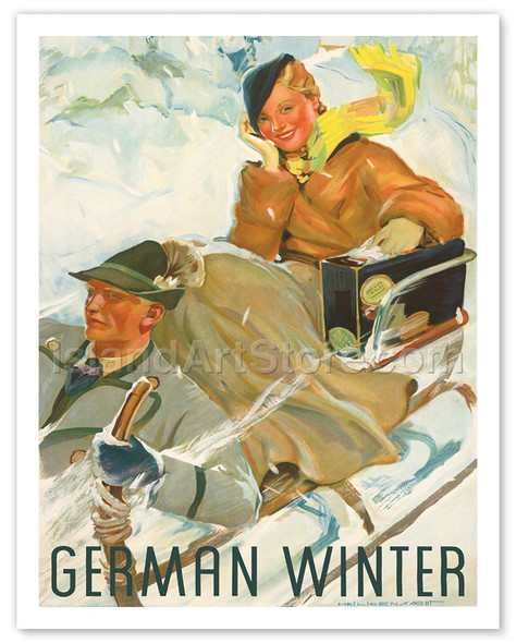German Winter - Couple Sledding - Poster by Kurt Heiligenstaedt