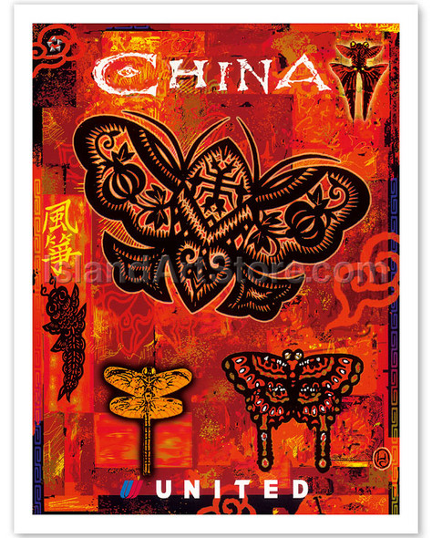 China - Kites in the Shape of Dragonflies and Butterflies - United Air Lines - Poster by Harvey Chan