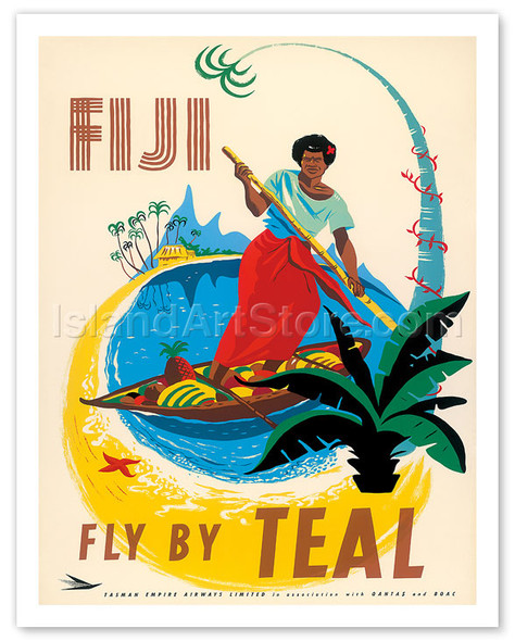 Tasman Empire Airways Limited - Fiji Fly by TEAL, Fijian Native Poles a Canoe - Poster by Arthur Alfred Thompson