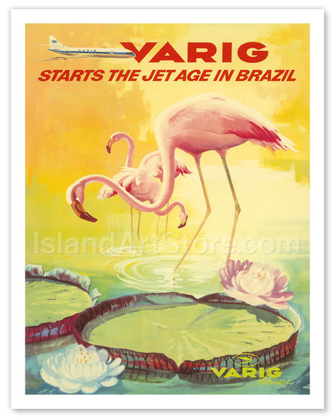 Brazil - Varig starts the jet age in Brazil - Flamingos - Vintage Airline Travel Poster