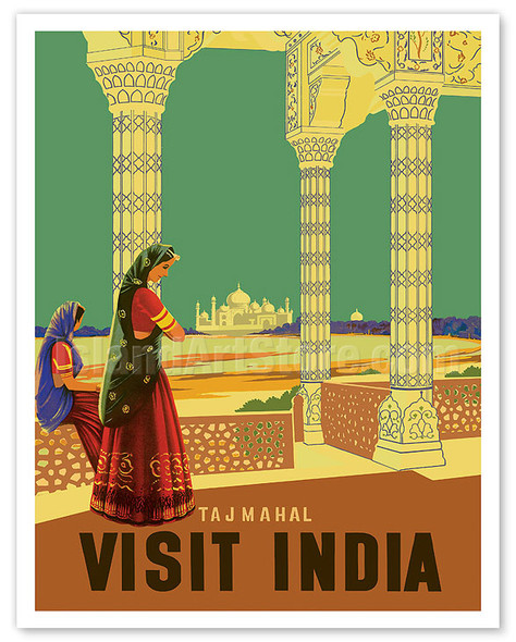 Taj Mahal - Visit India - c. 1950's - Vintage Airline Travel Poster