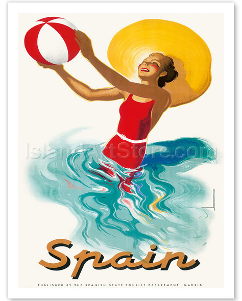 Spain - Spanish Woman Bather with Beach Ball - Poster by Marcias José Morell