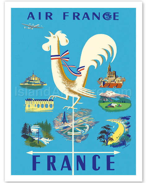 French Aviation - Gallic Rooster Weathervane and French Landmarks - Poster by Jean Marie Nabrin